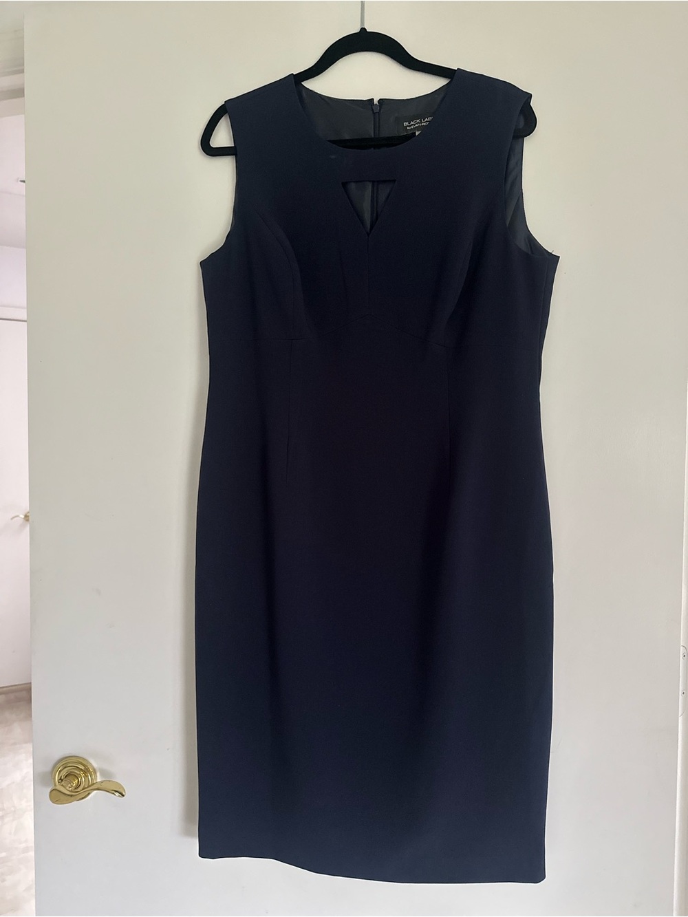 Black Label Sleeveless Navy Midi Sheath Dress with Subtle Keyhole